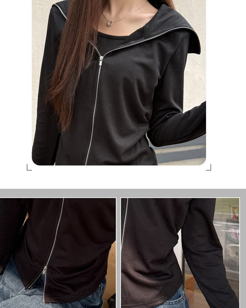 NURO Faux Two-Piece Double Zip Collar Long Sleeve T-Shirt for Women