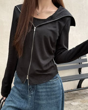 NURO Faux Two-Piece Double Zip Collar Long Sleeve T-Shirt for Women