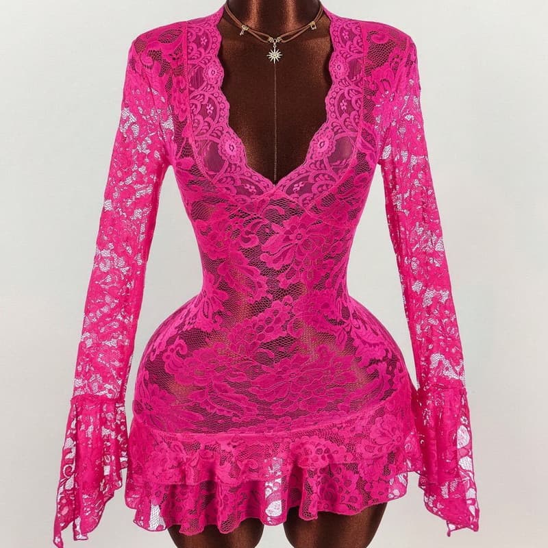 NURO Floral Lace Long Sleeve Mini Dress V-Neck High Waist A-Line Dress