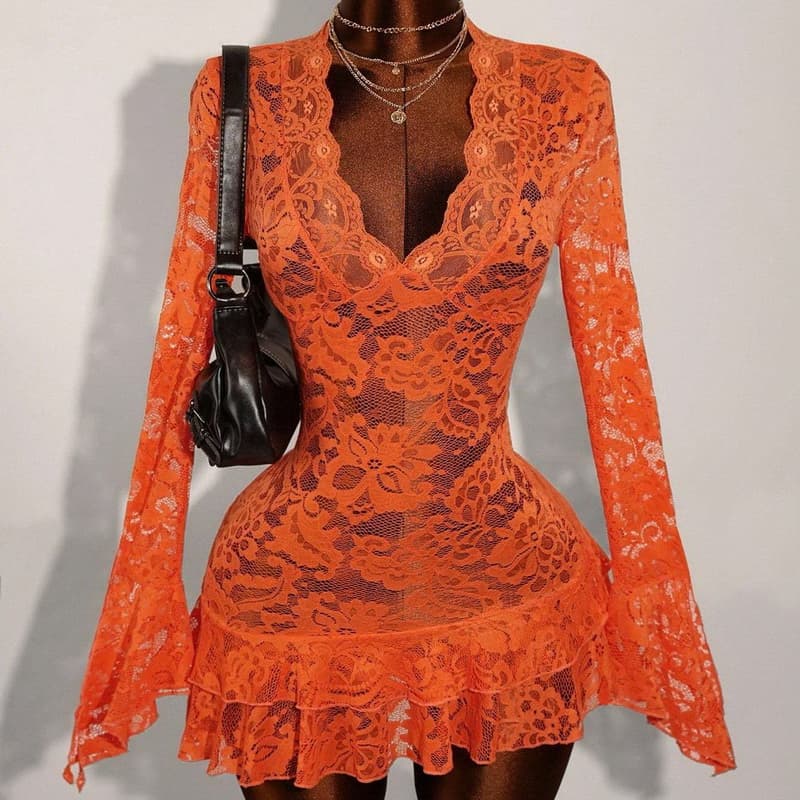 NURO Floral Lace Long Sleeve Mini Dress V-Neck High Waist A-Line Dress