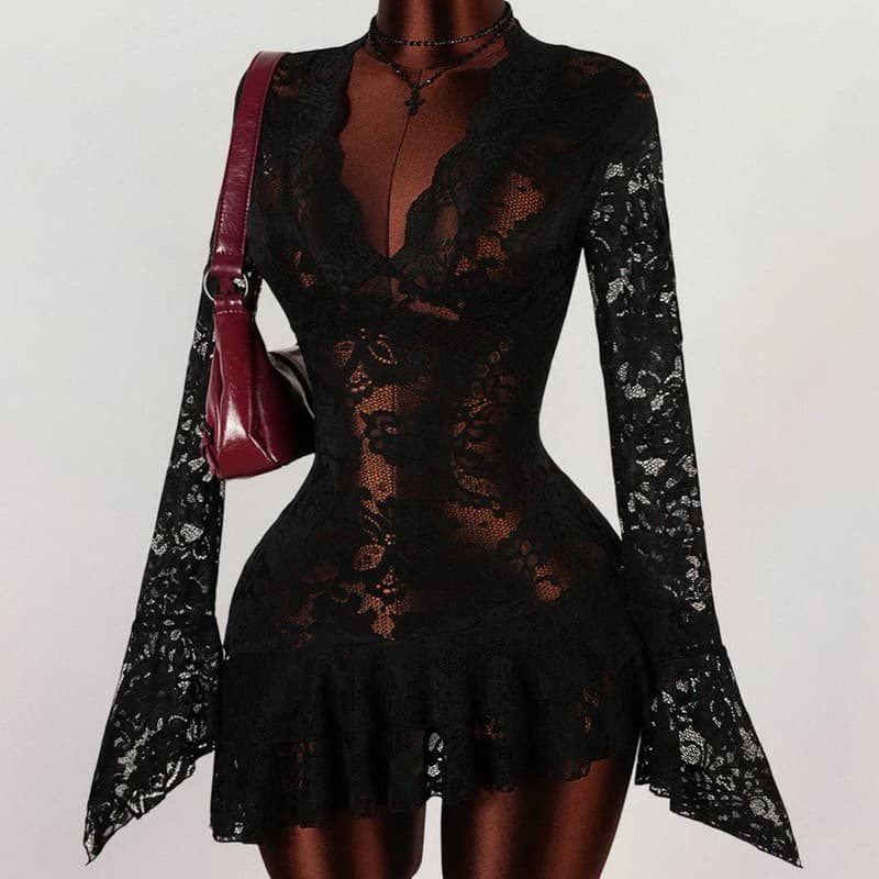 NURO Floral Lace Long Sleeve Mini Dress V-Neck High Waist A-Line Dress