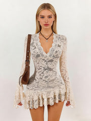 NURO Floral Lace Long Sleeve Mini Dress V-Neck High Waist A-Line Dress