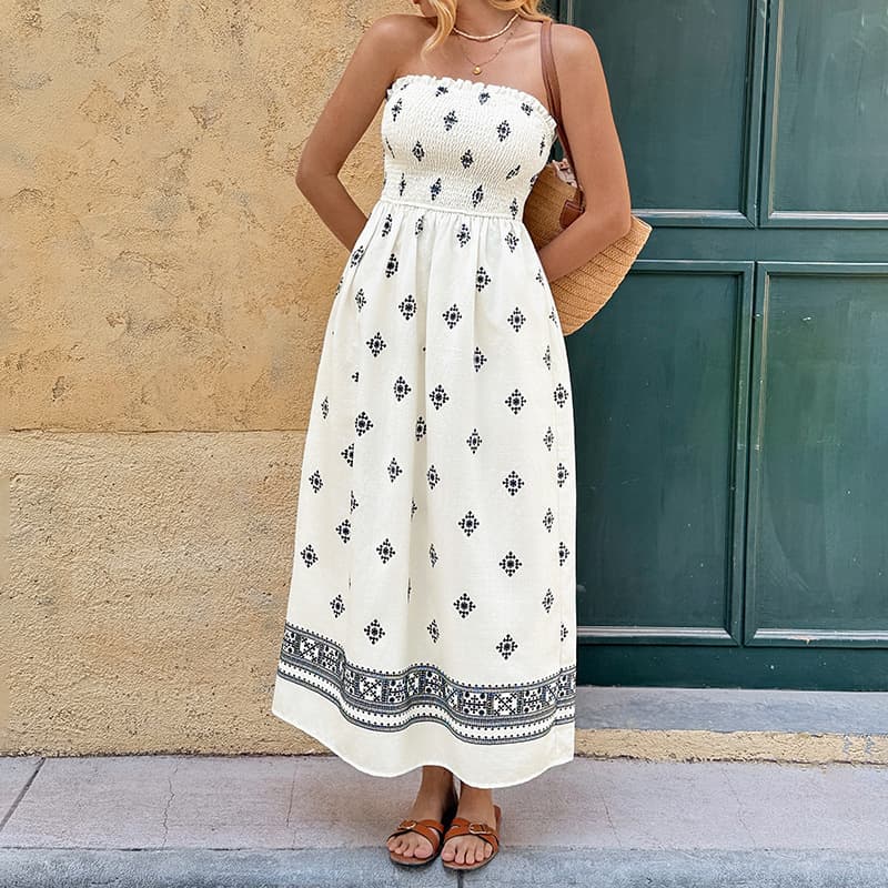 NURO Floral Print A-Line Maxi Dress Strapless Backless Summer Dress
