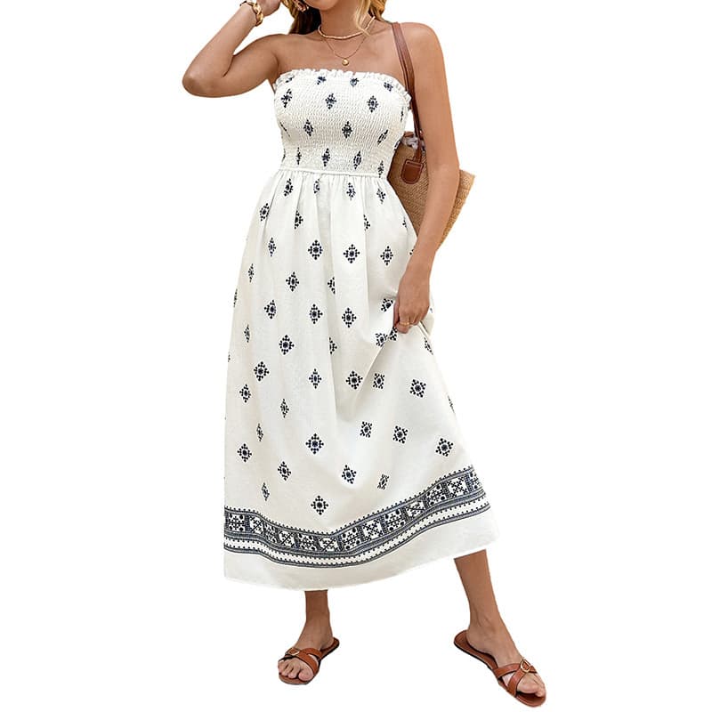 NURO Floral Print A-Line Maxi Dress Strapless Backless Summer Dress