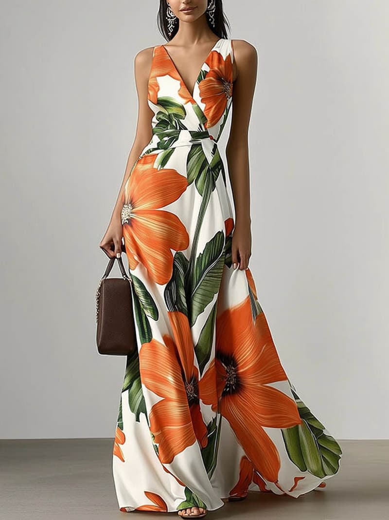 NURO Floral Print Maxi Dress V-Neck High Waist Tiered Boho Dress