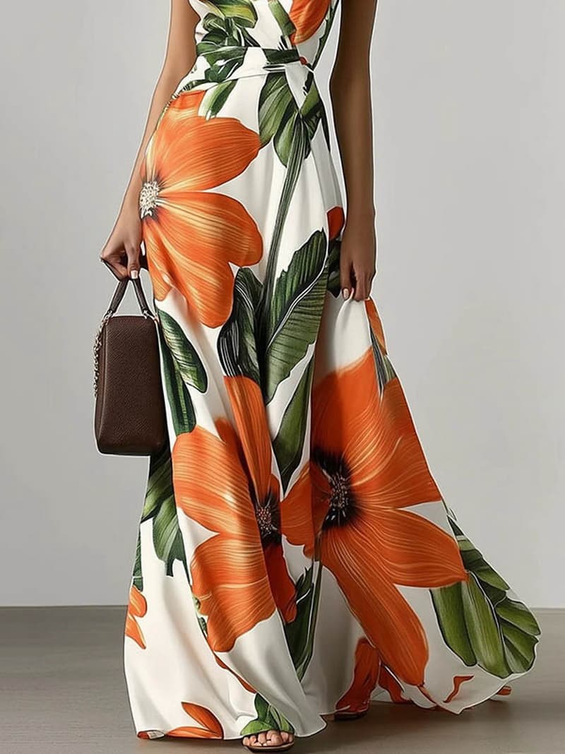 NURO Floral Print Maxi Dress V-Neck High Waist Tiered Boho Dress
