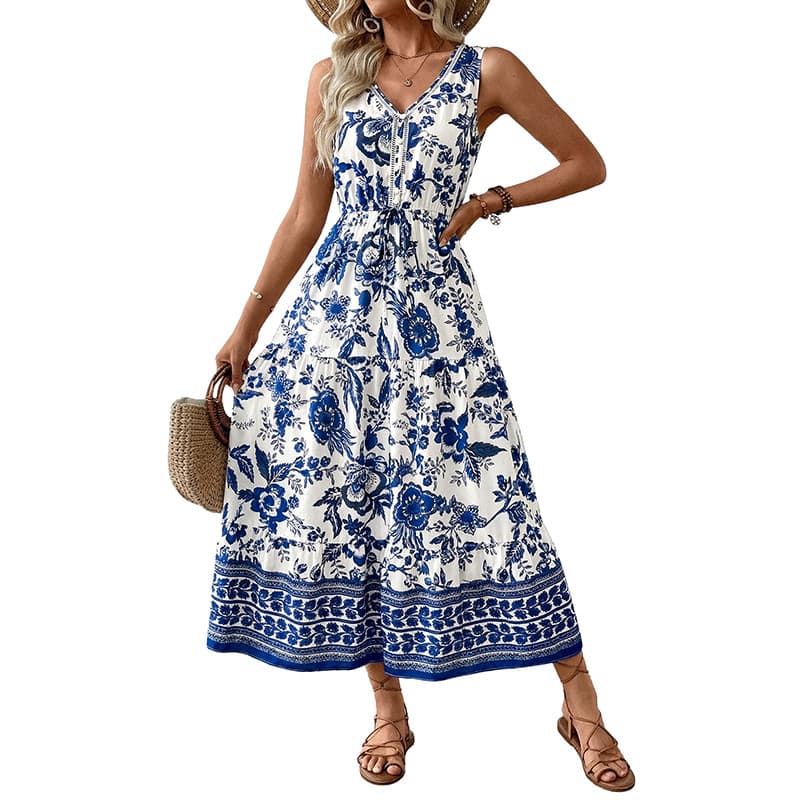 NURO Floral Print Maxi Dress V-Neck Spaghetti Strap Tiered Boho Dress