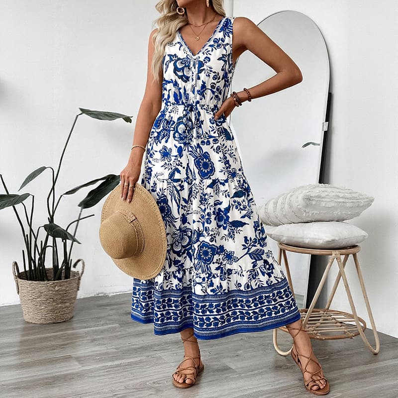 NURO Floral Print Maxi Dress V-Neck Spaghetti Strap Tiered Boho Dress