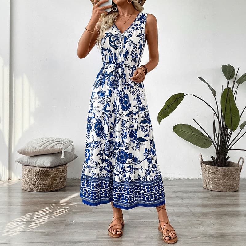 NURO Floral Print Maxi Dress V-Neck Spaghetti Strap Tiered Boho Dress