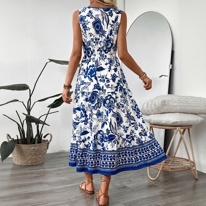 NURO Floral Print Maxi Dress V-Neck Spaghetti Strap Tiered Boho Dress