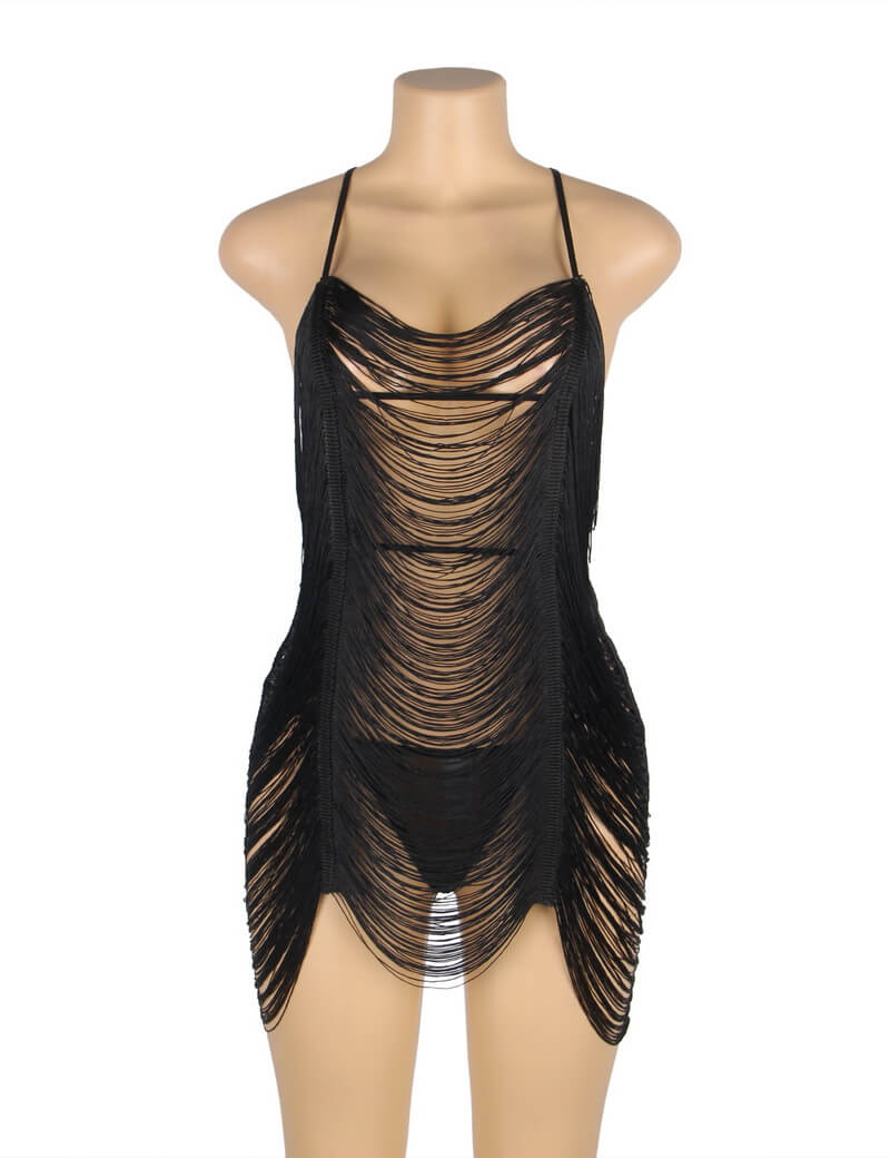 NURO Fringe Sheer Babydoll Beach Lingerie Set
