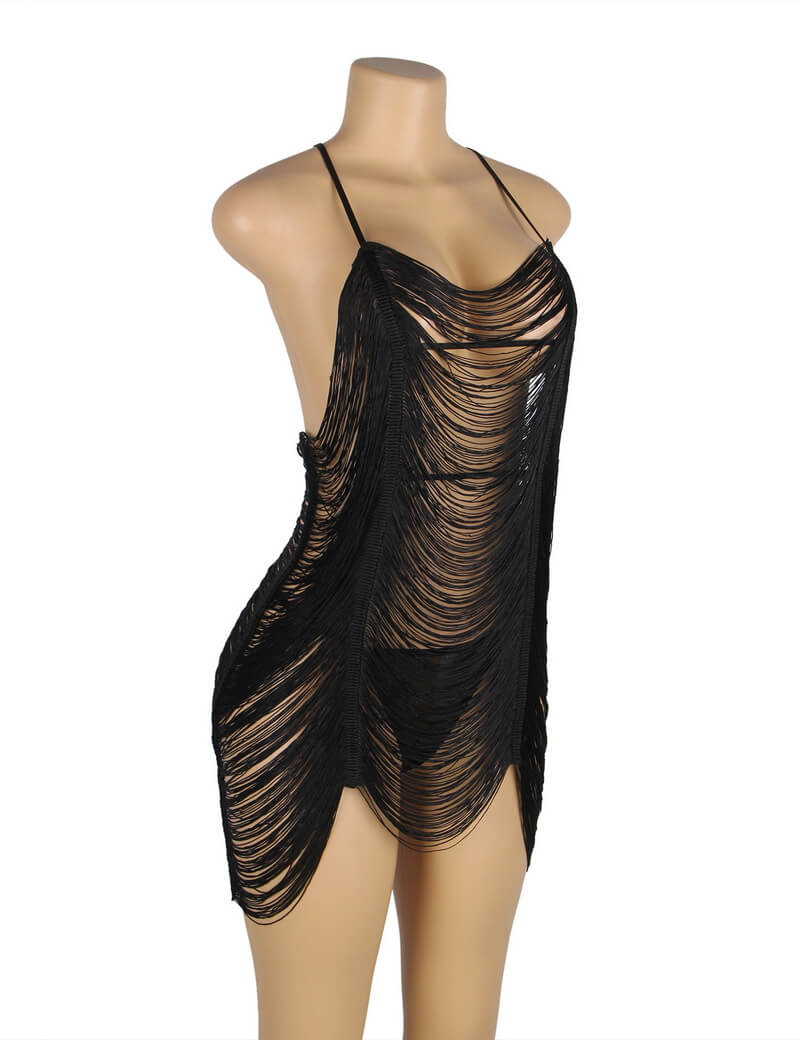 NURO Fringe Sheer Babydoll Beach Lingerie Set