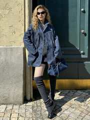 NURO Fringe Suede-Look Long Coat, Heavyweight Utility Jacket with Shoulder Padding, Oversized Streetwear Workwear Outerwear