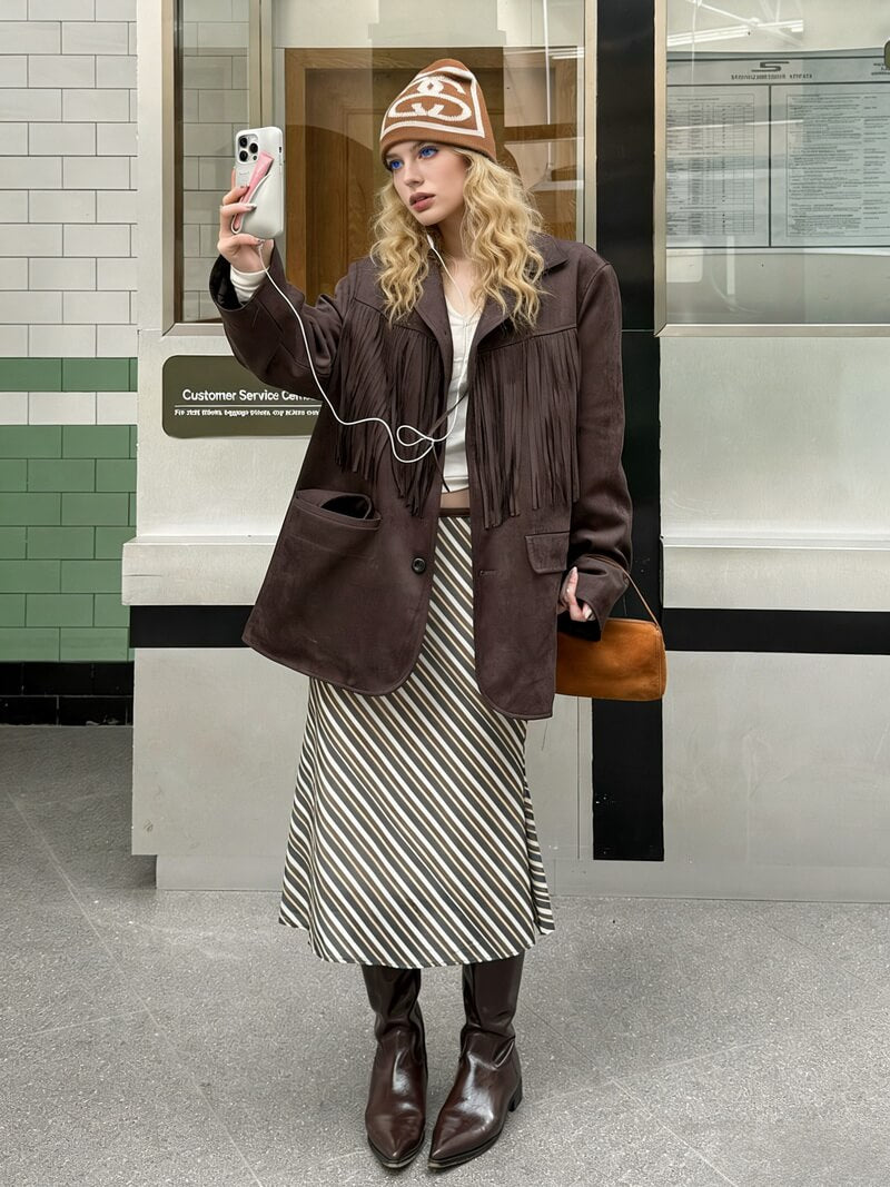 NURO Fringe Suede-Look Long Coat, Heavyweight Utility Jacket with Shoulder Padding, Oversized Streetwear Workwear Outerwear