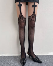 NURO Garter Strap Cross Lace Up Thigh High Socks for Women