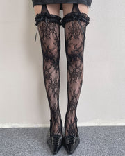 NURO Garter Strap Lace & Floral Fishnet Tights for Women