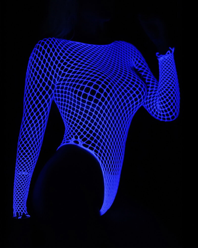 NURO Glow in the Dark Fishnet Bodysuit Women's Sexy Sheer Lingerie Set