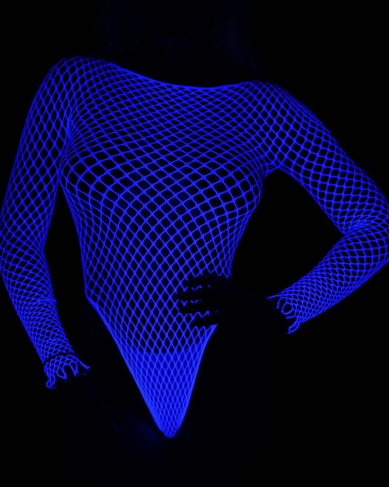 NURO Glow in the Dark Fishnet Bodysuit Women's Sexy Sheer Lingerie Set