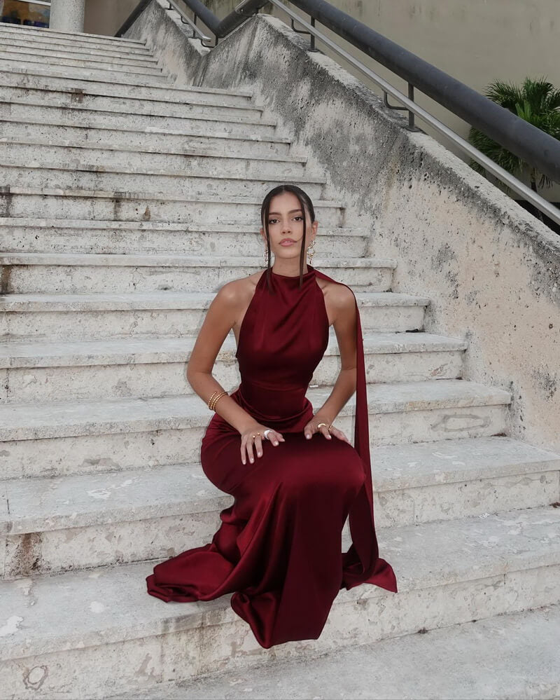 NURO Halter Neck 3D Pleated Midi Dress Women's Elegant Bodycon Evening Gown