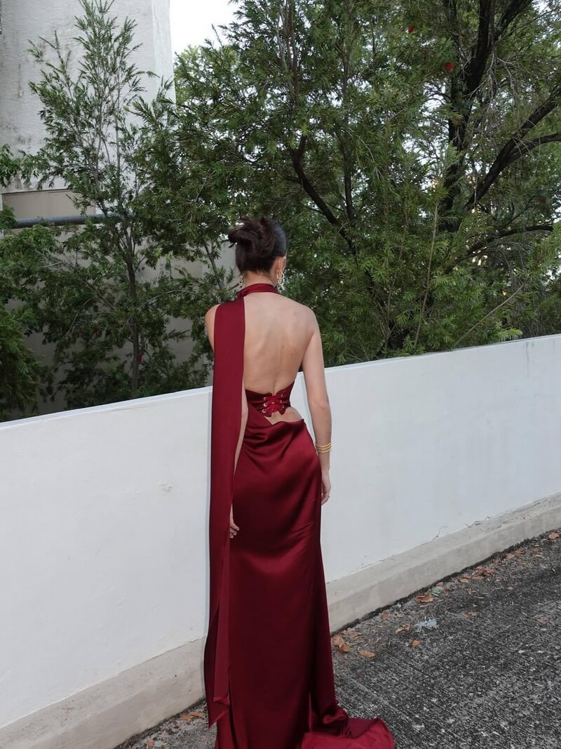 NURO Halter Neck 3D Pleated Midi Dress Women's Elegant Bodycon Evening Gown