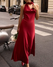 NURO Halter Neck Backless Maxi Dress Women's Elegant A-Line Evening Gown