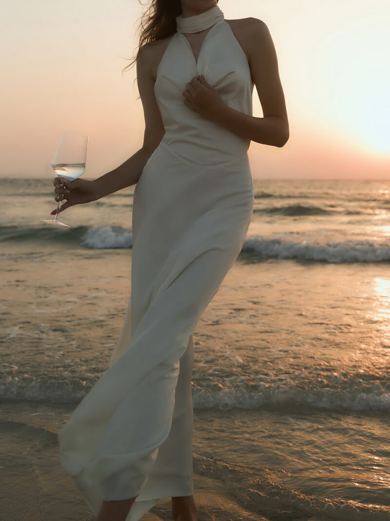 NURO Halter Neck Backless Maxi Dress Women's Elegant A-Line Evening Gown