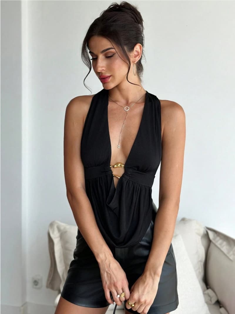 NURO Halter Neck Cropped Top Backless Tie Blouse