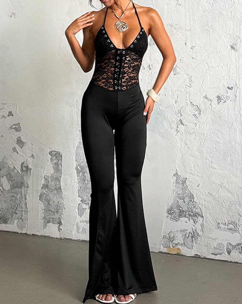 NURO Halter Neck Lace-Up Detail Slim Fit Jumpsuit