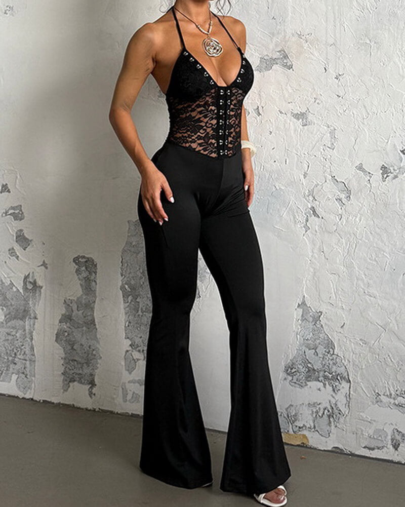NURO Halter Neck Lace-Up Detail Slim Fit Jumpsuit