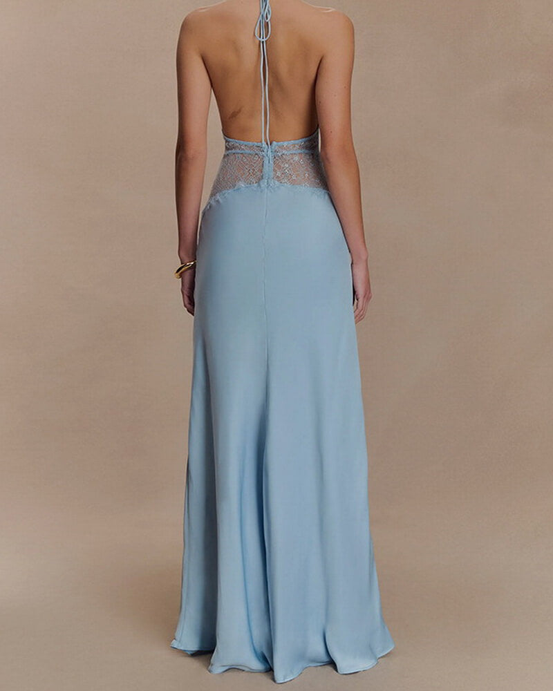 NURO Halter Neck Lace Backless Maxi Dress Women's Elegant V Neck Evening Gown