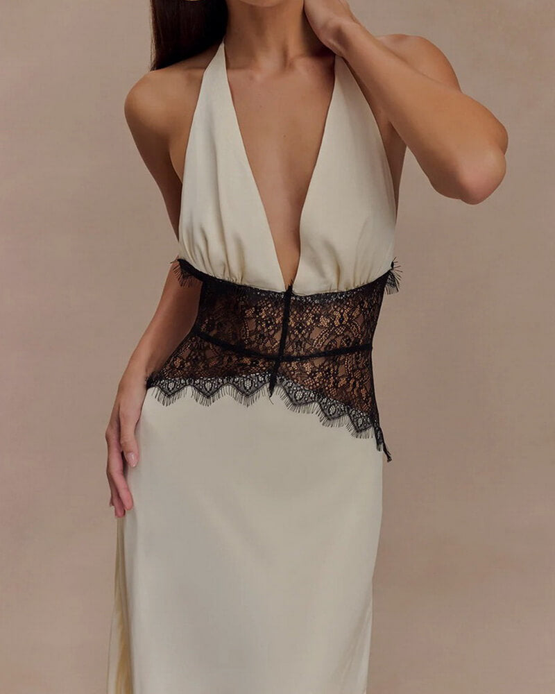 NURO Halter Neck Lace Backless Maxi Dress Women's Elegant V Neck Evening Gown