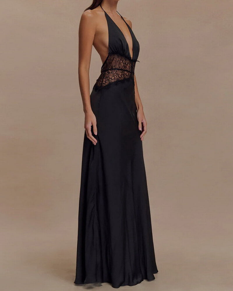 NURO Halter Neck Lace Backless Maxi Dress Women's Elegant V Neck Evening Gown