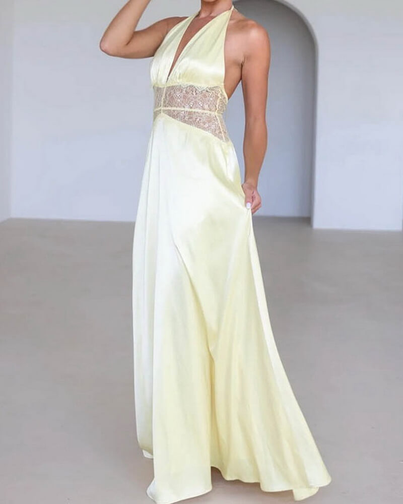 NURO Halter Neck Lace Backless Maxi Dress Women's Elegant V Neck Evening Gown