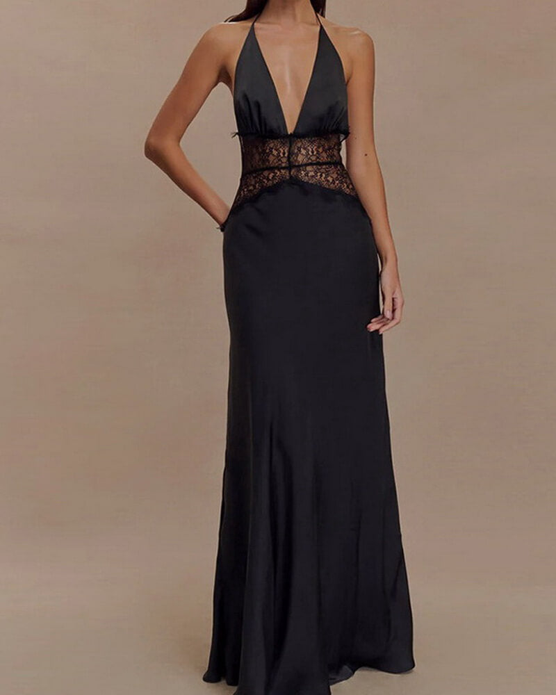 NURO Halter Neck Lace Backless Maxi Dress Women's Elegant V Neck Evening Gown
