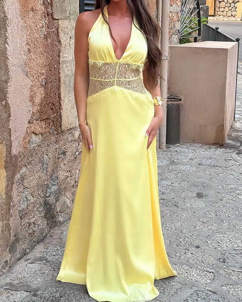 NURO Halter Neck Lace Backless Maxi Dress Women's Elegant V Neck Evening Gown