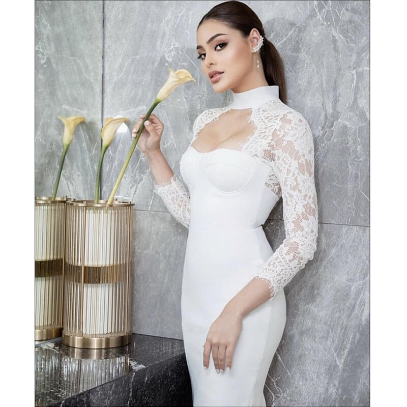 NURO Halter Neck Long Sleeve Lace Bandage Bodycon Dress