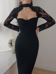 NURO Halter Neck Long Sleeve Lace Bandage Bodycon Dress