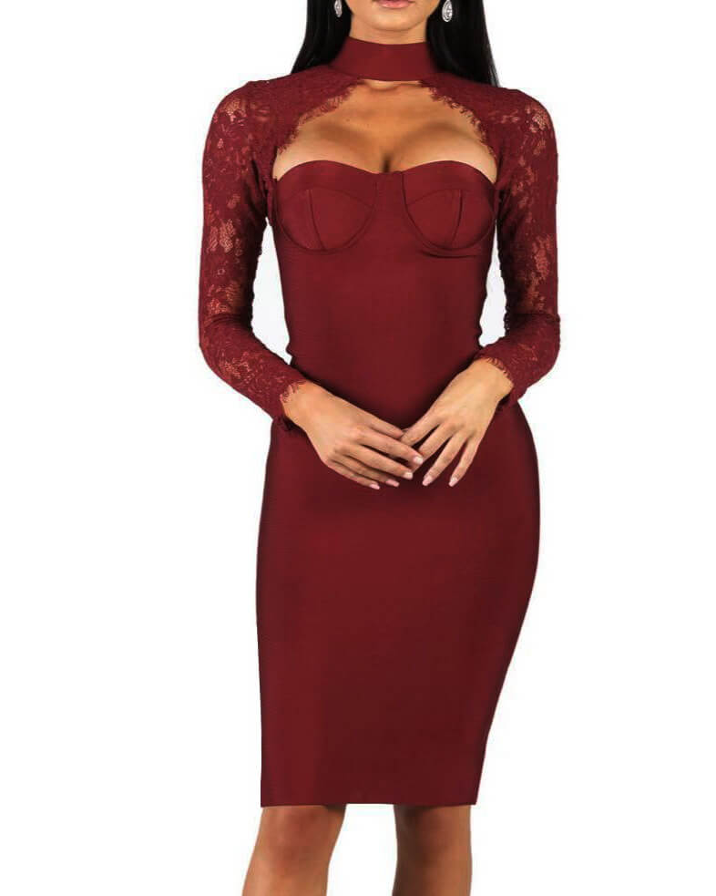 NURO Halter Neck Long Sleeve Lace Bandage Bodycon Dress