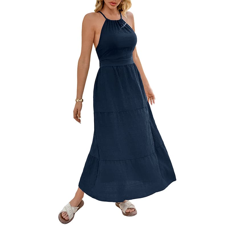 NURO Halter Neck Maxi Dress Backless Tie Waist Tiered Boho Dress