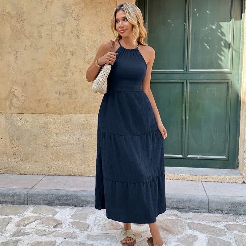 NURO Halter Neck Maxi Dress Backless Tie Waist Tiered Boho Dress