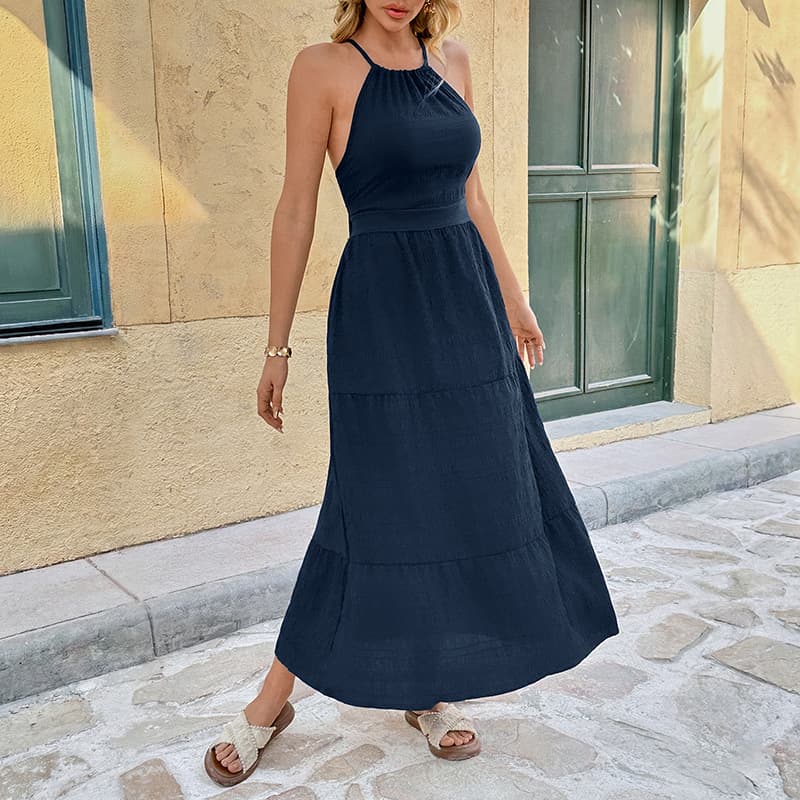 NURO Halter Neck Maxi Dress Backless Tie Waist Tiered Boho Dress