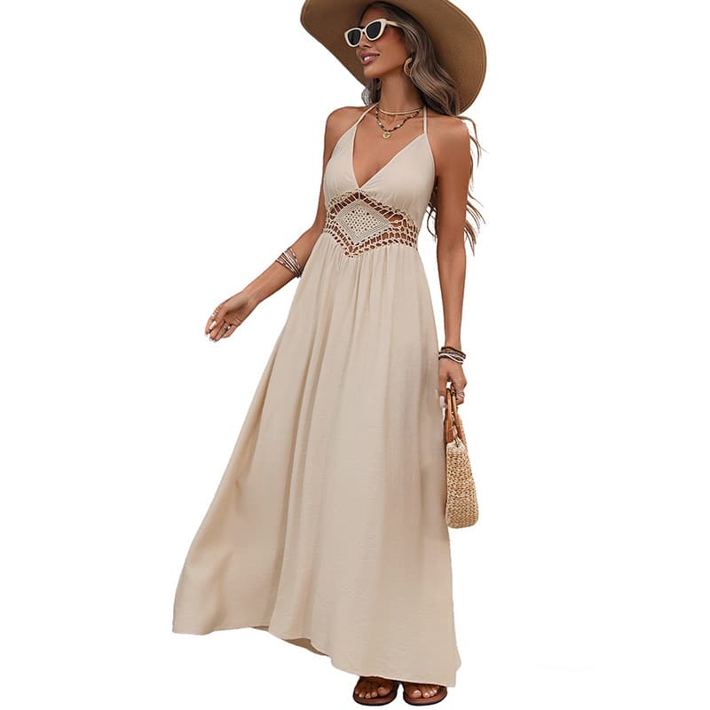 NURO Halter Neck Maxi Dress V-Neck Tie Waist Tiered Boho Dress