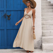 NURO Halter Neck Maxi Dress V-Neck Tie Waist Tiered Boho Dress