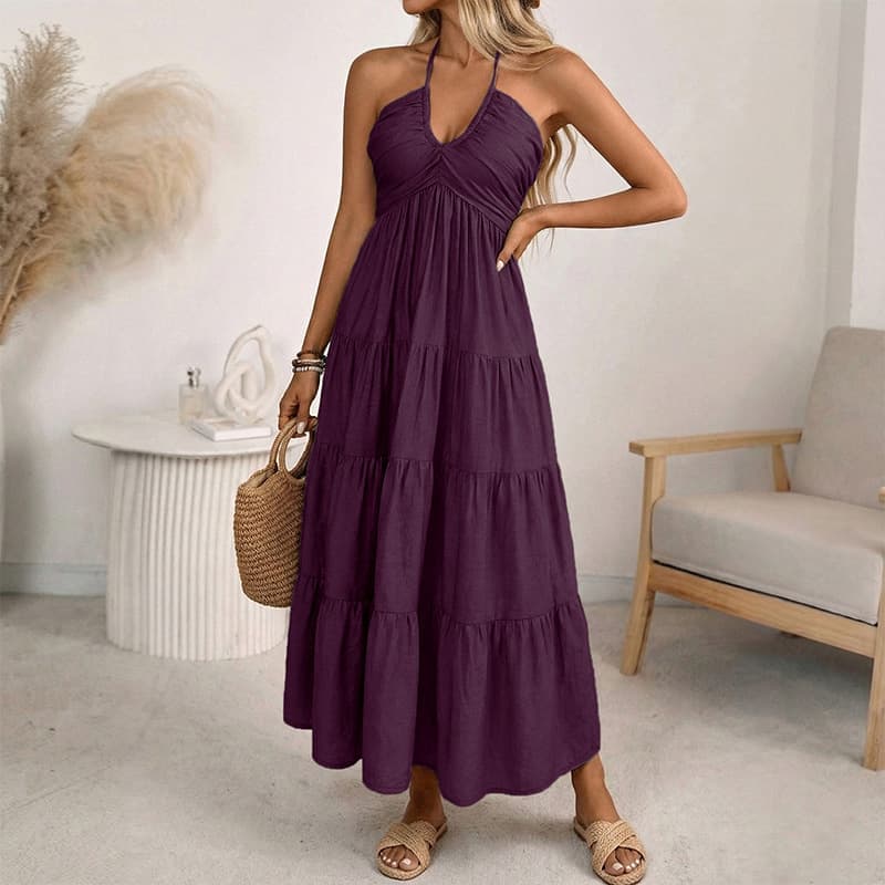 NURO Halter Neck Maxi Dress V-Neck Tiered Boho Dress
