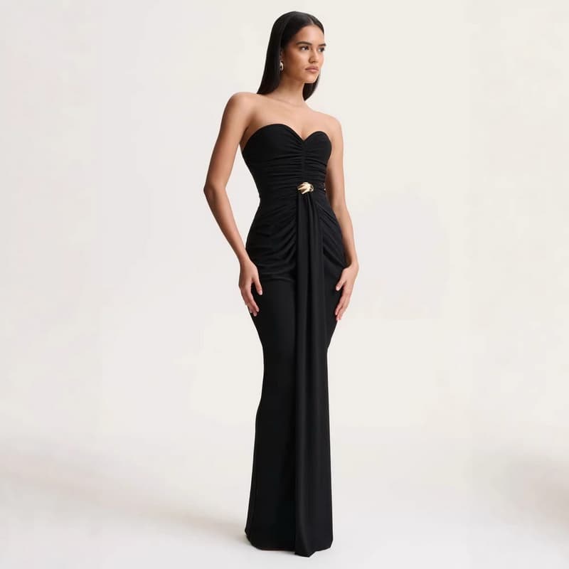NURO Strapless Bodycon Maxi Dress High Waist Ruched Long Dress