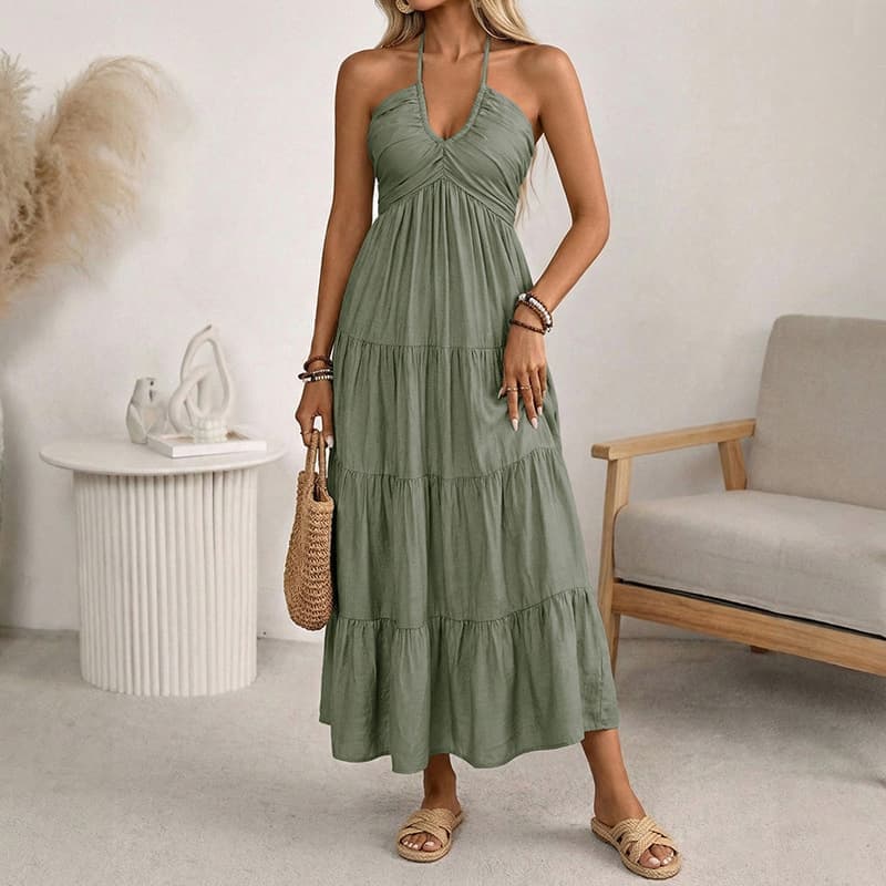NURO Halter Neck Maxi Dress V-Neck Tiered Boho Dress
