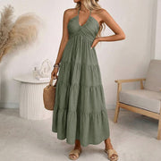 NURO Halter Neck Maxi Dress V-Neck Tiered Boho Dress