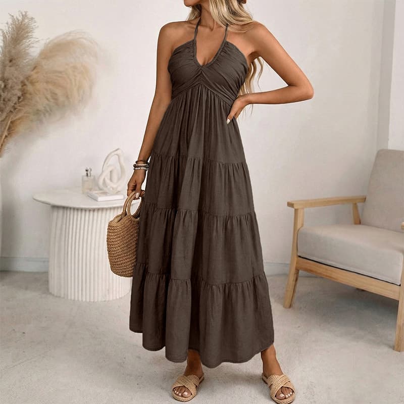 NURO Halter Neck Maxi Dress V-Neck Tiered Boho Dress