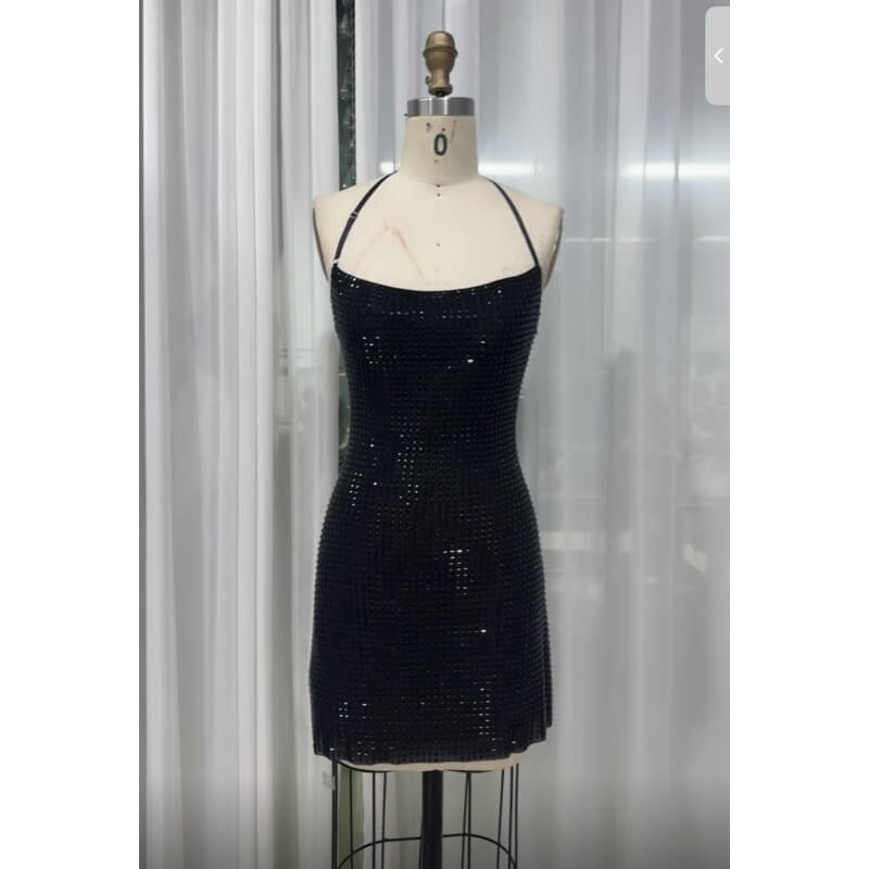 NURO Halter Neck Rhinestone A-Line Mini Dress Women's Elegant Bodycon Party Dress
