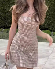 NURO Halter Neck Rhinestone A-Line Mini Dress Women's Elegant Bodycon Party Dress